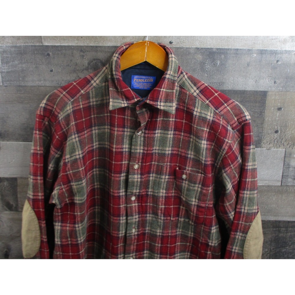 Pendleton Shirt Mens Medium Red Green Plaid Virgin Wool Elbow Patches Outdoor